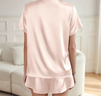 Short-Sleeve Satin Two-Piece Button-Up Loungewear Set